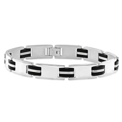 Bliss Diamond Steel And Black Two Tone, Two Striped 10mm Link 8.5 " Bracelet In Stainless Steel