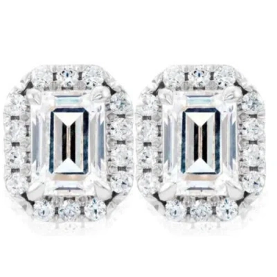 Bliss Diamond 3/4 Ct Emerald Moissanite & Lab Grown Diamond Halo Studs 14k Gold Earrings In 14k White Gold