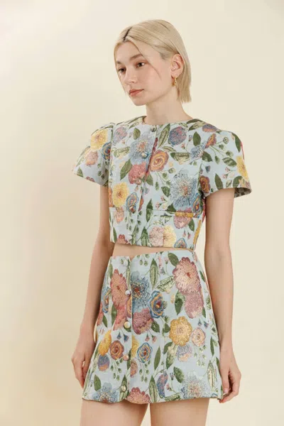 Bliss Floral Brocade Skirt Set In Multi In Blue