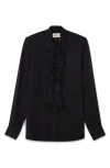 BLK DNM RUFFLE FRONT BUTTON-UP SHIRT