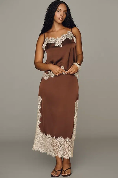 Bl-nk Cinzia Laced Satin Midi Skirt In Brown