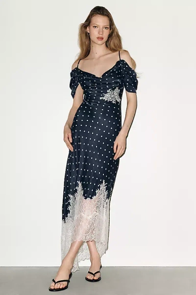 Bl-nk Regina Polka Dot Lace-trim Midi Slip Dress In Blue