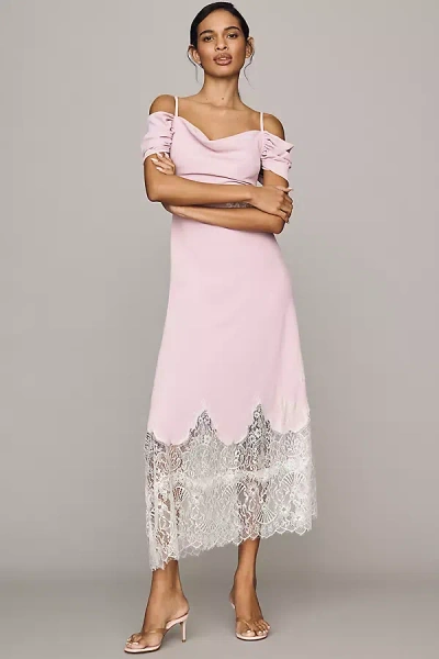 Bl-nk Satin Off-shoulder Lace Midi Dress In Pink