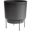 Bloem 10" Hopson Round Planter With Black Metal Stand, Charcoal In Gray