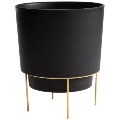 Bloem 6 Inch Hopson Round Planter With Gold Metal Stand, Black
