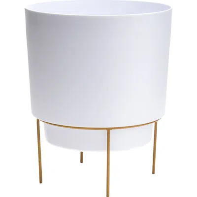 Bloem 6 Inch Hopson Round Planter With Gold Metal Stand, Casper White