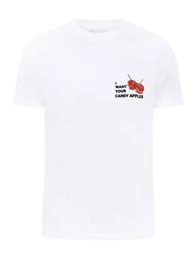 BLONDE GONE ROGUE CANDY APPLES GRAPHIC PRINT MENS T-SHIRT, ORGANIC COTTON, IN WHITE