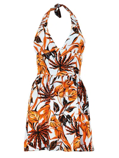 Blonde Gone Rogue Women's Beachy Halter Neck Mini Dress, Upcycled Viscose, In Blue & Orange Print In Multi