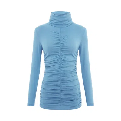 Blonde Gone Rogue Women's Blue Gathered Turtleneck Jersey Top In Turquoise
