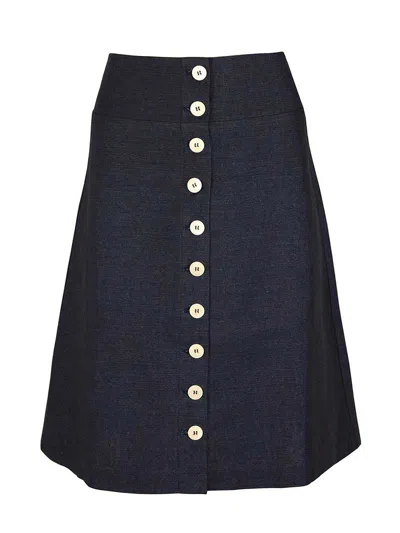 Blonde Gone Rogue Women's Blue Linen Midi Skirt, Upcycled Linen, In Navy