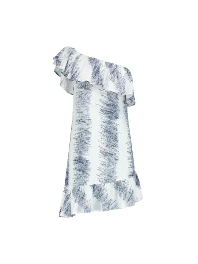 Blonde Gone Rogue Women's Blue / White Summer Escape Linen Dress With Ruffles, Linen, In White & Navy Print