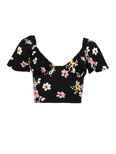 Blonde Gone Rogue Women's Flower Power Fitted Crop Top, Upcycled Viscose, In Black Flower Print