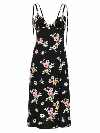 Blonde Gone Rogue Women's Flower Power Midi Dress With Slit, Upcycled Viscose, In Black Flower Print