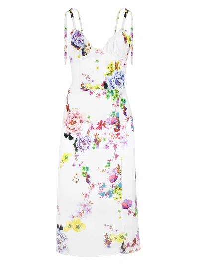 Blonde Gone Rogue Women's Flower Power Midi Dress With Slit, Upcycled Viscose, In White Flower Print