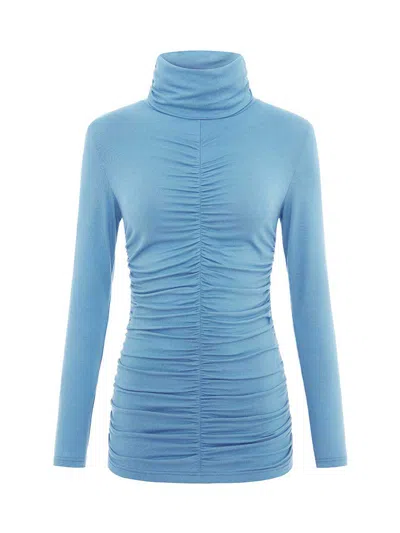 Blonde Gone Rogue Women's Blue Gathered Turtleneck Jersey Top In Turquoise