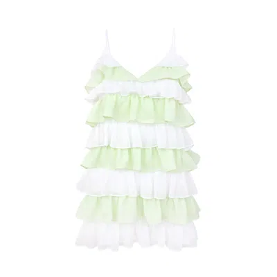 Blonde Gone Rogue Women's Green / White Mini Dress With Ruffles, Upcycled Polyester, In White & Light Green