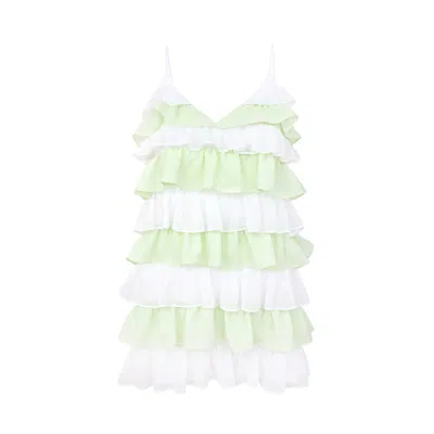 Blonde Gone Rogue Women's Green / White Summer Affair Mini Dress With Ruffles, Upcycled Polyester, In White & Light Gr In Multi