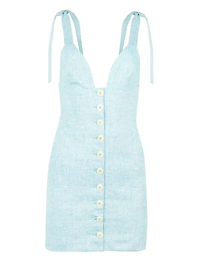 Blonde Gone Rogue Women's Linen Mini Dress, Upcycled Linen, In Light Blue In Green