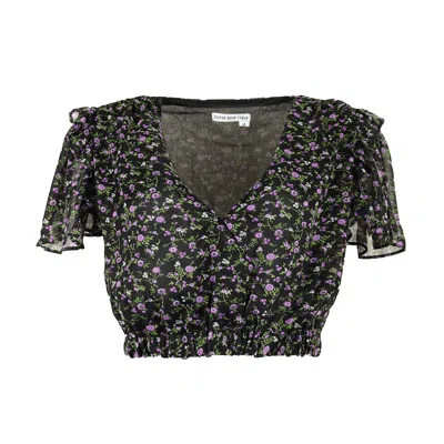Blonde Gone Rogue Women's Wildflower Surplice Crop Top With Ruffles, Upcycled Polyester, In Black Print