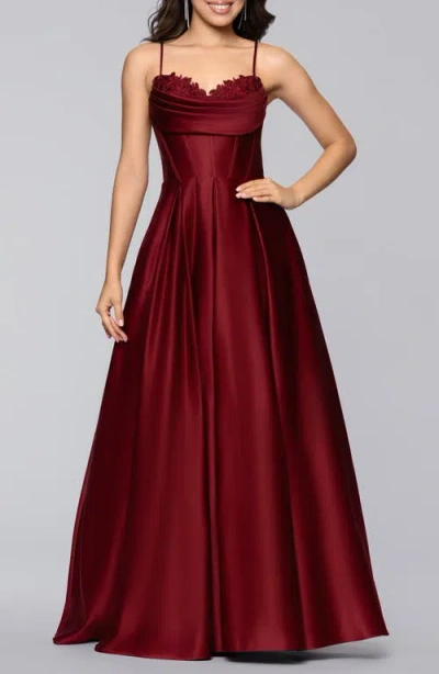 Blondie Nites Beaded Embroidery Detail Satin Gown In Burgundy