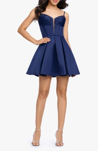 Blondie Nites Beaded Pleated Fit & Flare Party Dress In Blue
