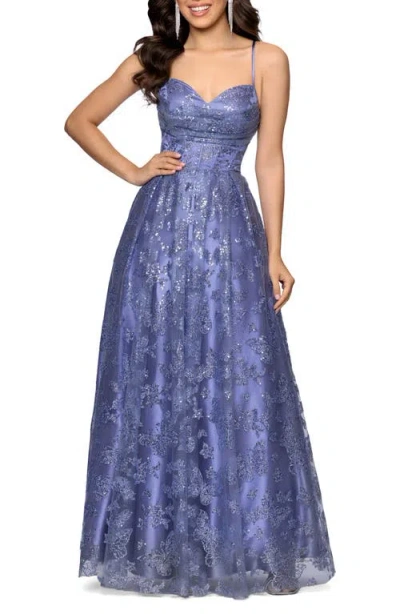 Blondie Nites Butterfly Motif Sequin Ballgown In Blue