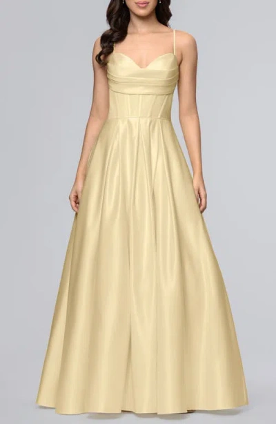 Blondie Nites Corset Bodice Satin A-line Gown In Gold