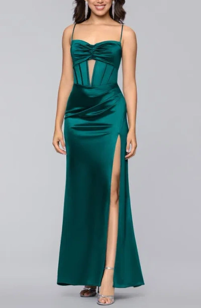 Blondie Nites Corset Satin Column Gown In Green