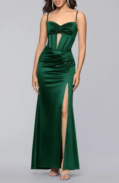 Blondie Nites Corset Satin Column Gown In Green