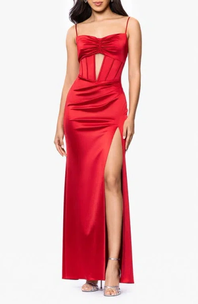 Blondie Nites Corset Satin Column Gown In Red