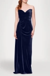 Blondie Nites Drape Strapless Velvet Gown In Blue