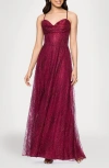 Blondie Nites Glitter Drape Lace-up Gown In Burgundy