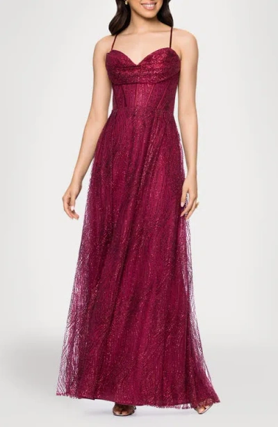 Blondie Nites Glitter Drape Lace-up Gown In Burgundy