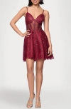 Blondie Nites Glitter Illusion Lace-up Fit & Flare Dress In Burgundy