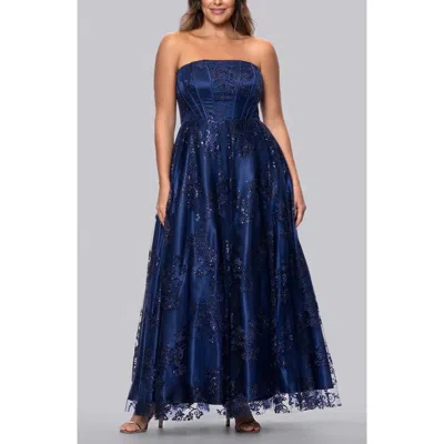 Blondie Nites Glitter Mesh Corset Strapless A-line Gown In Blue