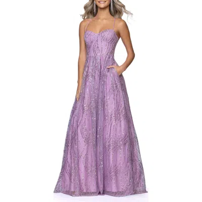 Blondie Nites Glitter Mesh Gown In Purple