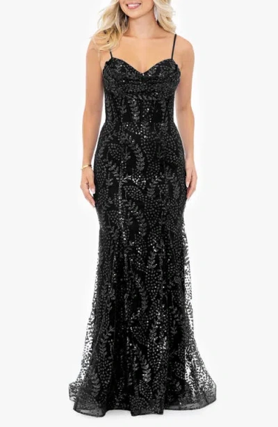 Blondie Nites Glitter Mesh Trumpet Gown In Black