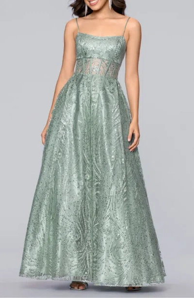 Blondie Nites Glitter Sequin Illusion Bodice Ballgown In Green