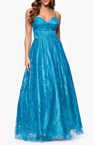 Blondie Nites Gllitter Dot & Leaf Ballgown In Blue
