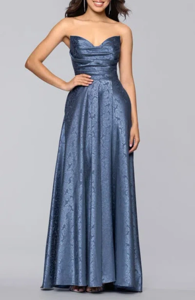 Blondie Nites Jaquard Strapless Gown In Blue