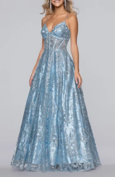 Blondie Nites Jill Glitter Mesh Corset Gown In Blue