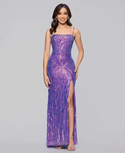 Blondie Nites Junior's Corset Sequin Spaghetti Strap Long Slim Dress In Purple