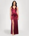 Blondie Nites Juniors' Draped Satin Column Gown In Burgundy