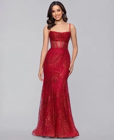Blondie Nites Juniors' Embellished Sleeveless Ball Gown In Red