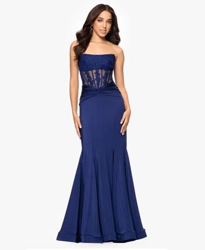 Blondie Nites Juniors' Embroidered Corset Trumpet Gown In Navy