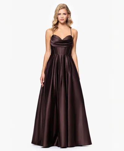 Blondie Nites Juniors' Gathered-bust Boned-waist Ball Gown In Brown