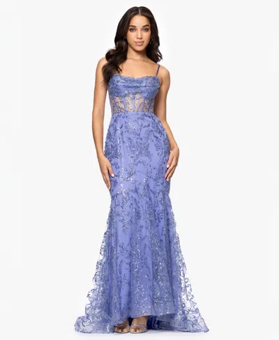 Blondie Nites Juniors' Glitter-floral Corset Gown In Periwinkle