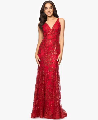 Blondie Nites Juniors' Glitter-floral V-neck Gown, Created For Macy's In Red