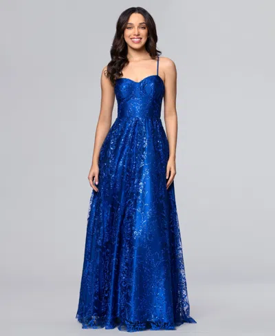 Blondie Nites Juniors' Glitter Lace-up Sweetheart Gown In Blue