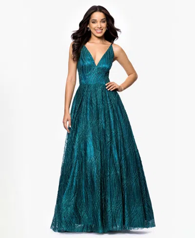 Blondie Nites Juniors' Glitter-mesh Cut-out Gown In Teal